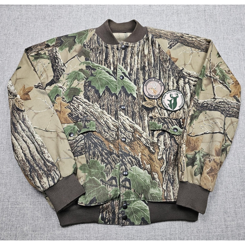 Vintage Classics Jacket Mens Large Brown Camo Bomber Hunting Deer Patches USA
